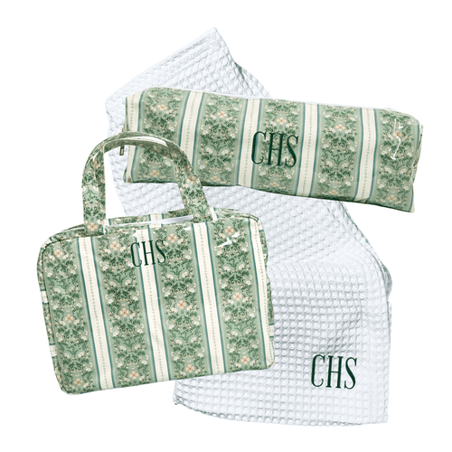 Green floral stripe Getting Ready Bundle monogrammed CHS: a hanging toiletry bag, a rolled flat lay pouch, and a matching white waffle knit towel