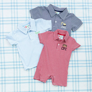 Striped onesies in navy, light blue, and red, each featuring embroidered initials 