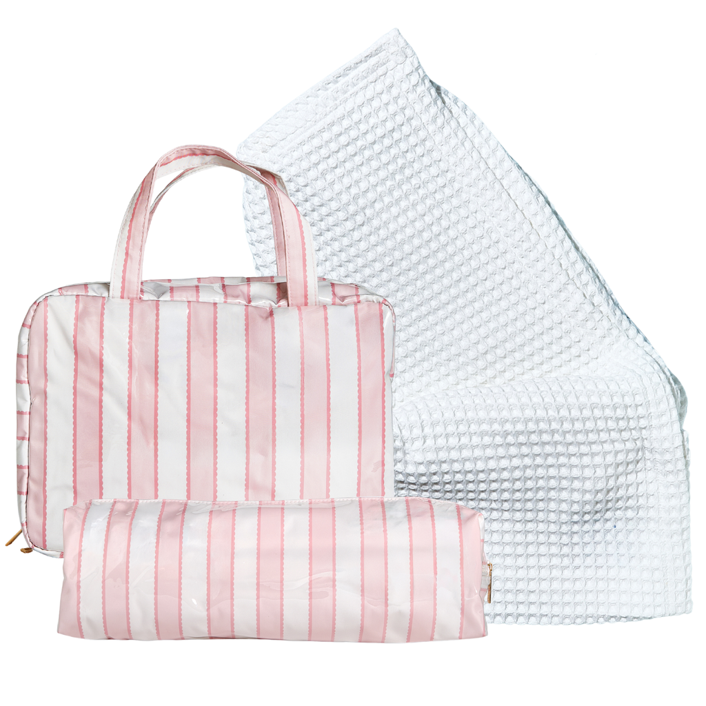Pink striped Getting Ready Bundle: a hanging toiletry bag, a rolled flat lay pouch, and a matching white waffle knit towel, no monogram