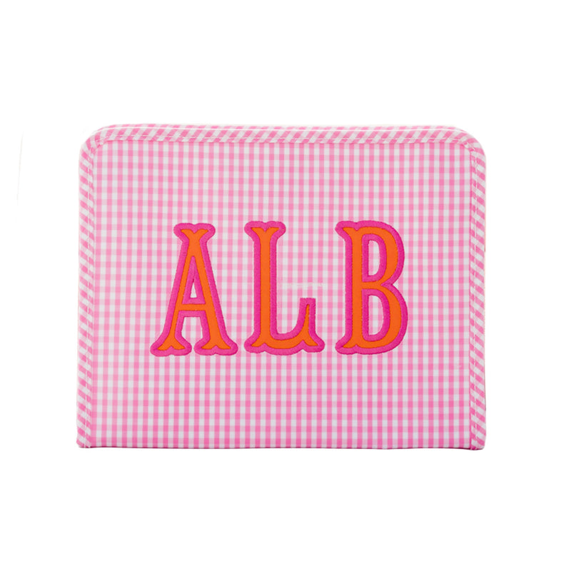 Pink gingham TRVL Roadie pouch with rounded corners appliqued 'ALB' in pink and orange, on a white background.