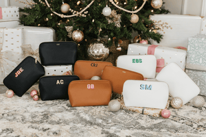 Vegan leather pouch with gold foil monogram, elegant personalized gift