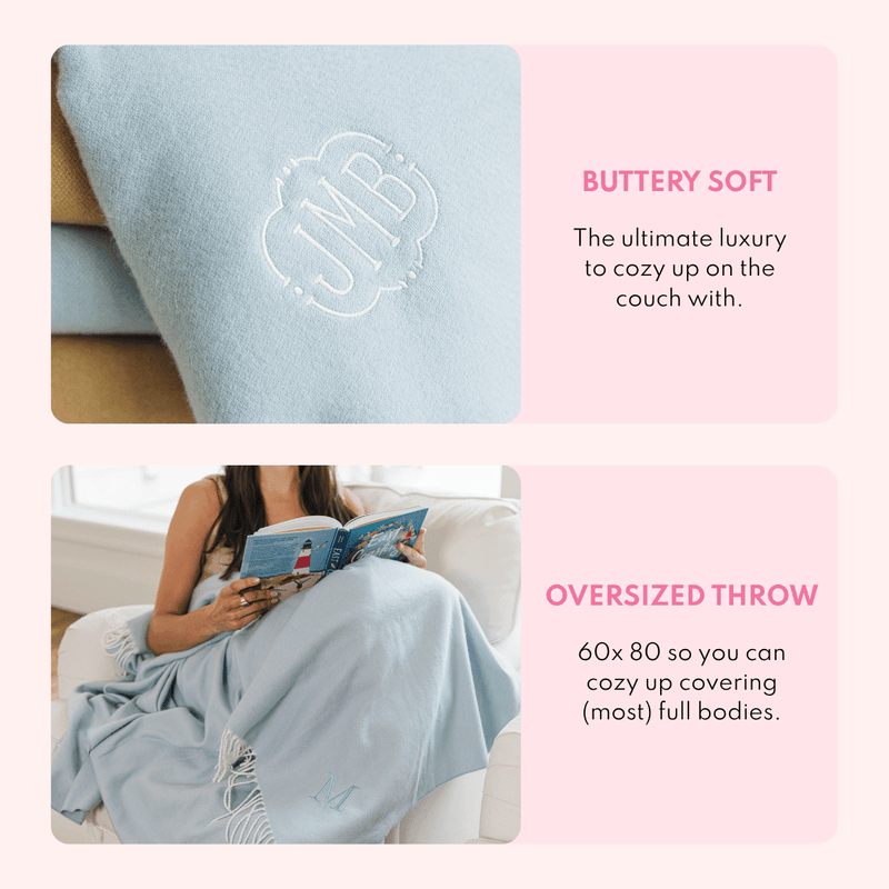 Close-up of a light blue woven blanket monogrammed 'JMB' and a woman reading a book wrapped in the oversized blanket on a chair, with text describing it as buttery soft and an oversized 60 by 80 inch throw.