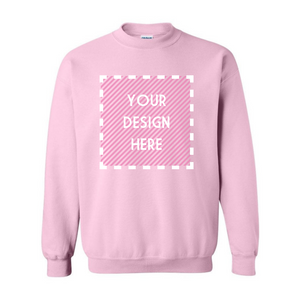 A pink sweatshirt is mocked up with a box that says "Your Design Here."