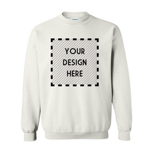 A white sweatshirt is mocked up with a box that says "Your Design Here."