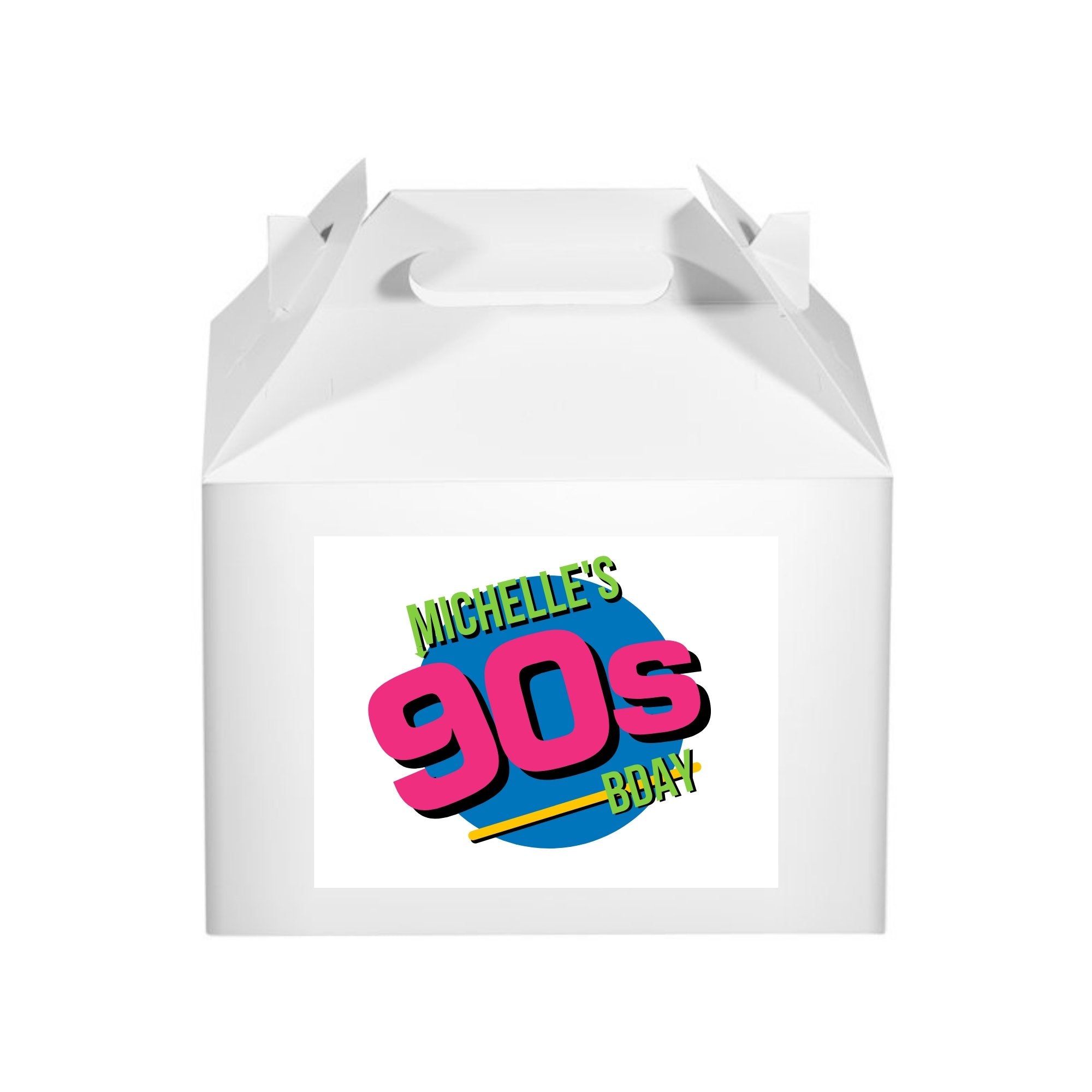 A white treat or favor box is customized with a 90's logo