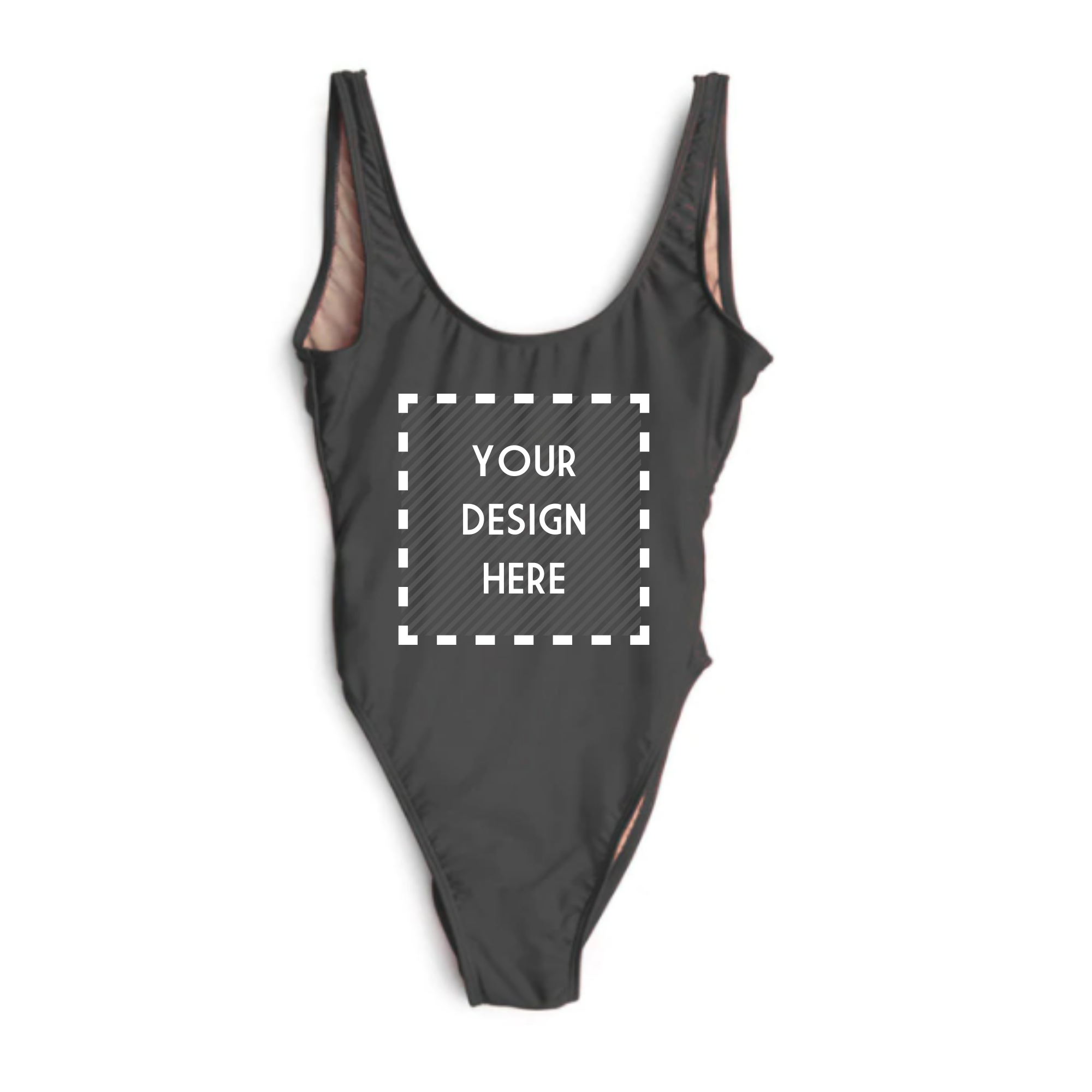 A black swimsuit with a customizable area on the front