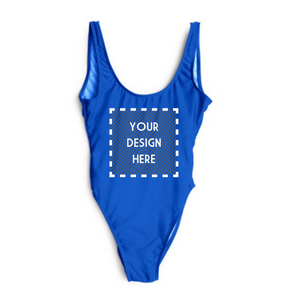 A blue swimsuit with a customizable area on the front