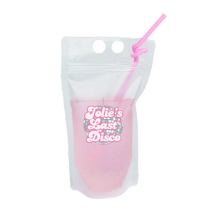 A party pouch is customized with a disco ball design with "Jolie's Last Disco"