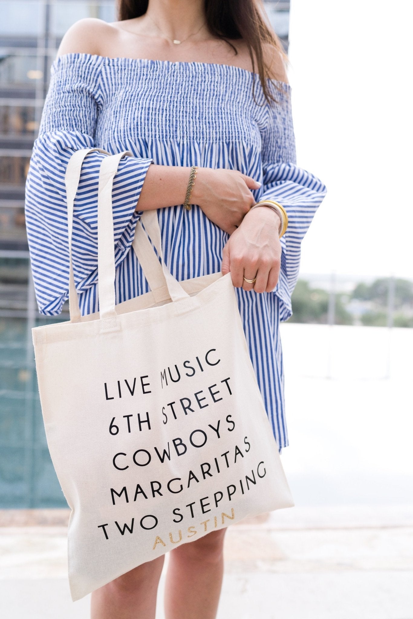 A customized tote themed for Austin, Texas