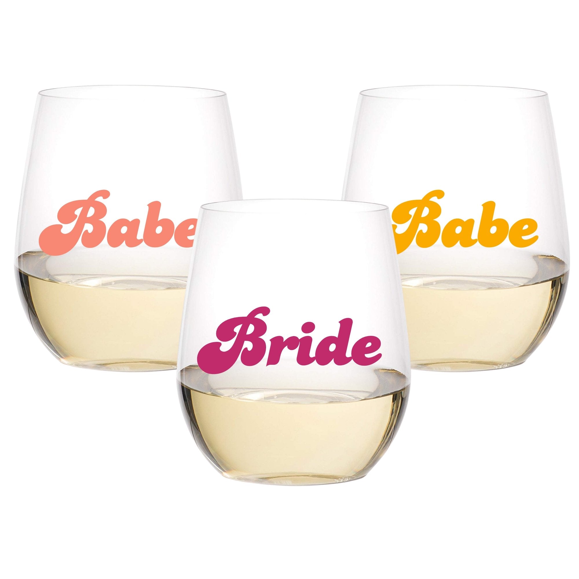 An acrylic wine glass reads "Bride" on the front in retro font