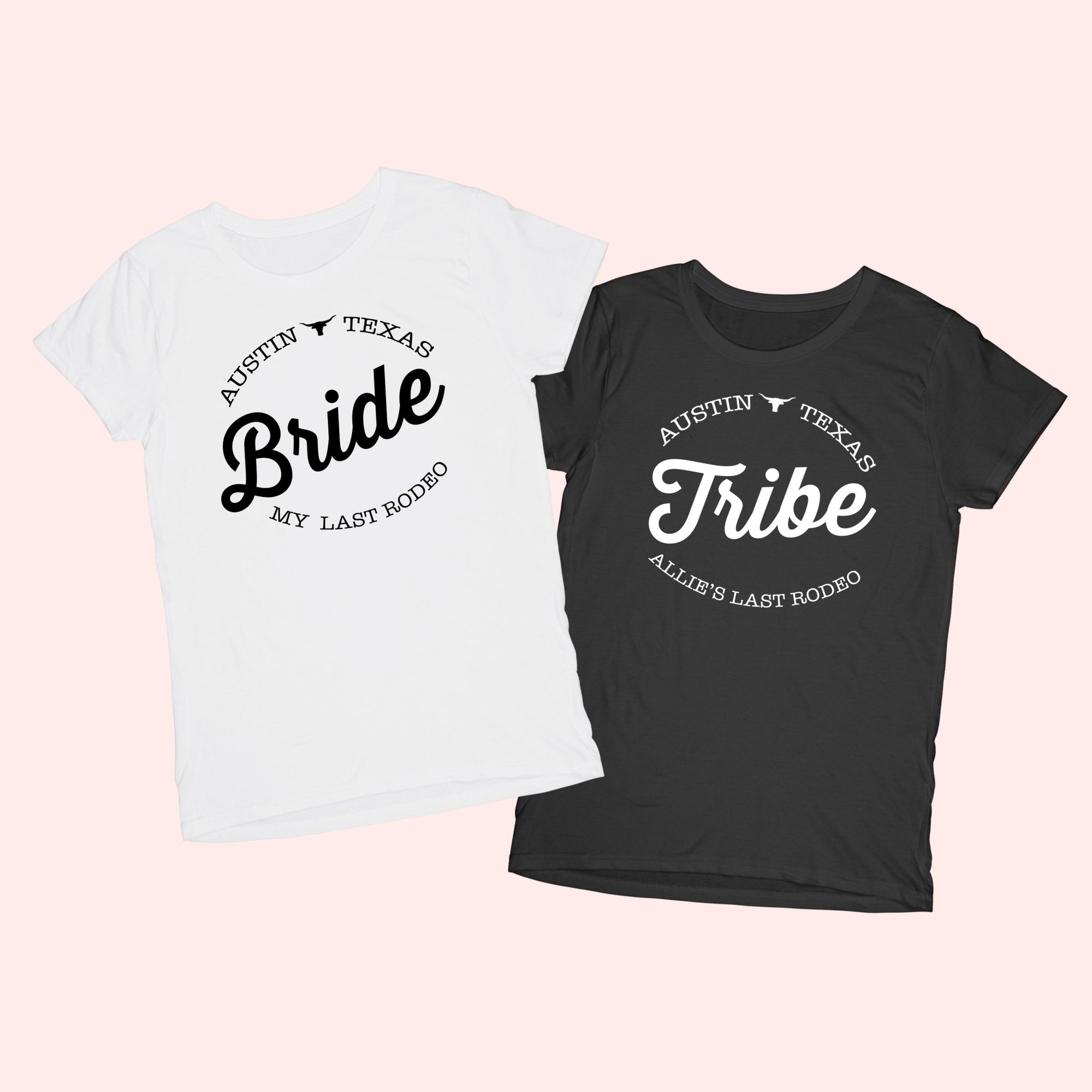 A white shirt that says "bride" lays next to a black shirt that says "tribe" for a last rodeo bachelorette theme. 