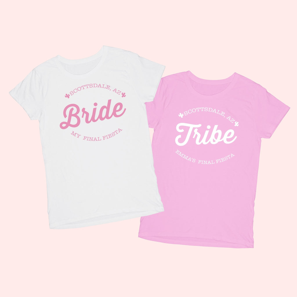 Two shirts perfect for a bride and her tribe lay out with a design which reads 