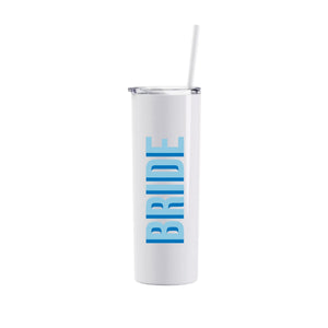 A white tumbler is customized with blue text that says "Bride"