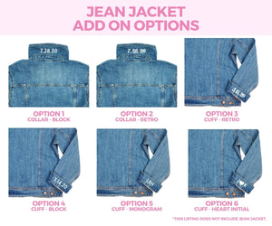 A graphic showing off some of the customization options which can be used on a jean jacket.