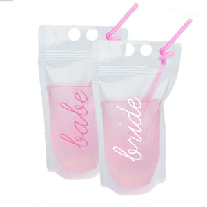Drink party pouches that read "bride" and "babe"