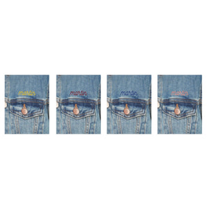 A collection of jean jacket pockets are grouped together to show the different customization colors.