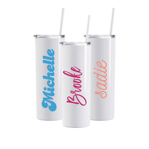 Three white tumblers are customized with names in different fonts and colors.