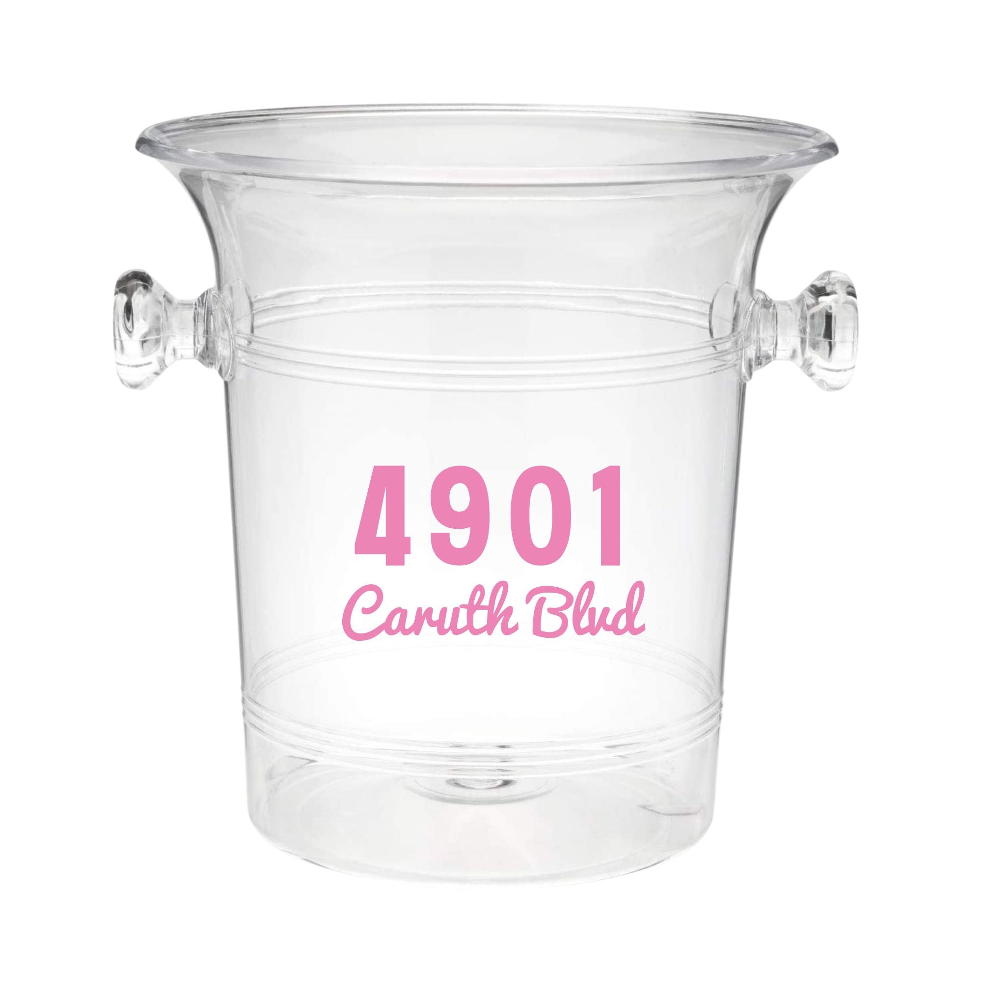 A clear acrylic ice bucket features a custom address on the front in pink lettering