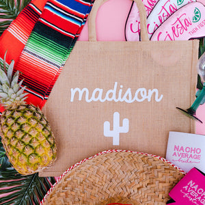 A jute tote customized with a name and a cactus is paired with some similar products perfect for a fiesta.