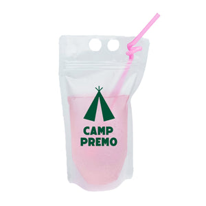 A drink pouch that reads "Camp Premo" with a tent icon 