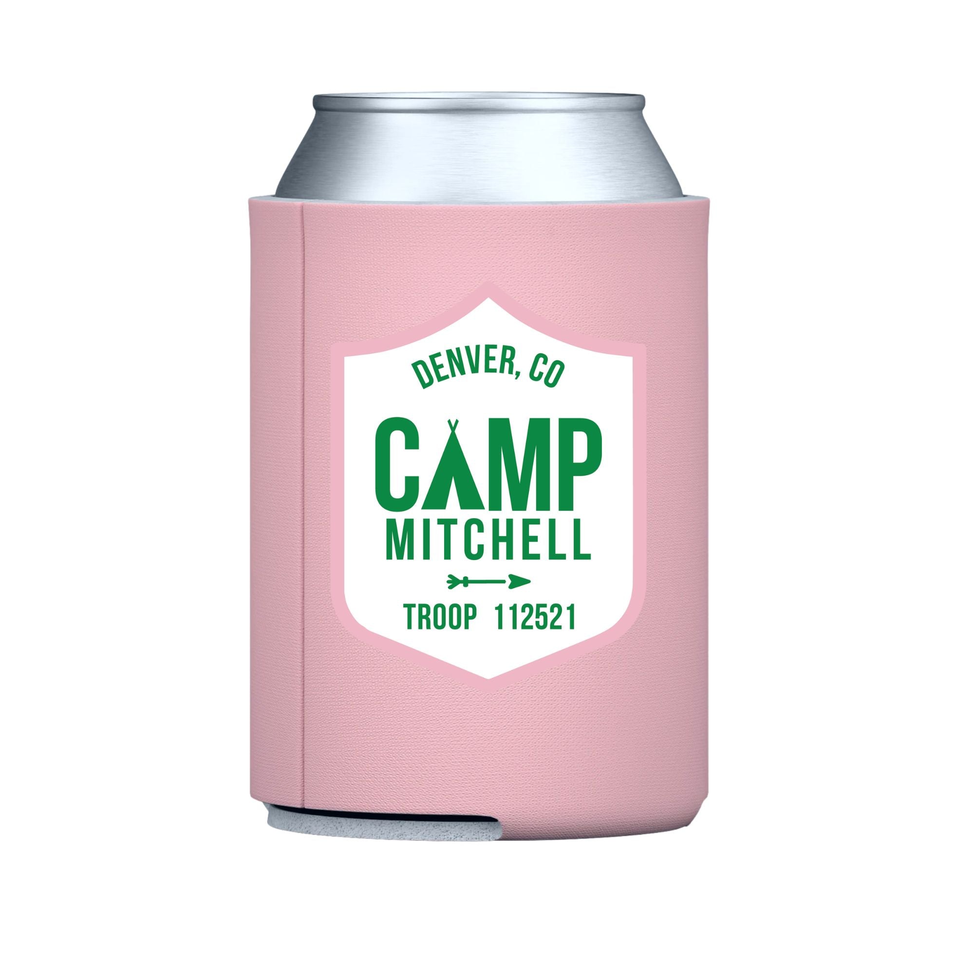 Custom Camp Shield Can Cooler (Set of 10) - Sprinkled With Pink #bachelorette #custom #gifts