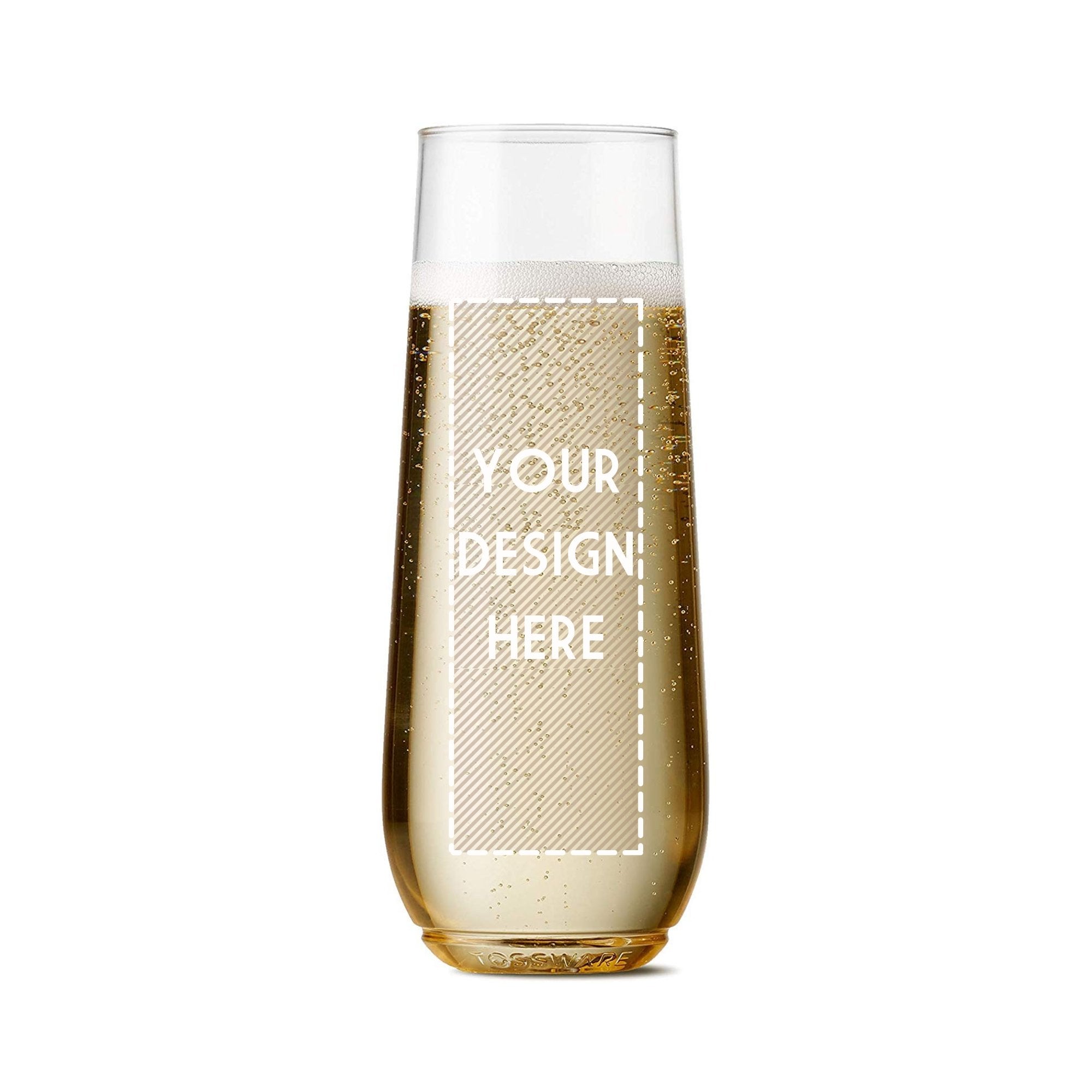 An acrylic champagne flute with a customizable area on the front