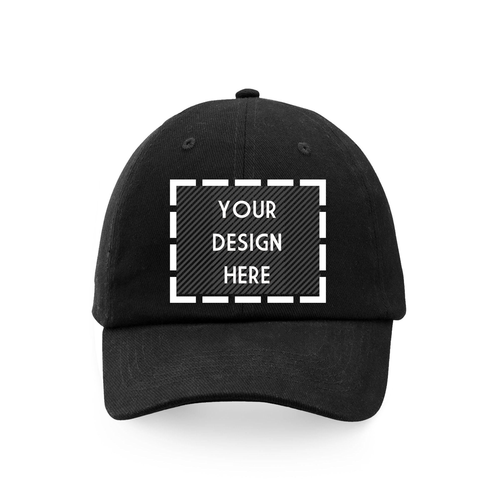 A black baseball hat with a customizable area on the front