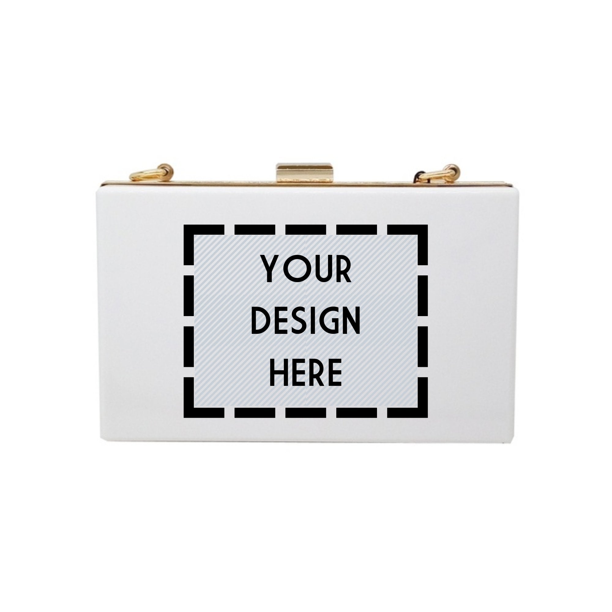 A white acrylic clutch with a customizable area on the front