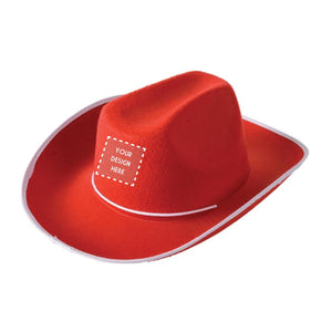 A red cowboy hat that has a customizable area on the front