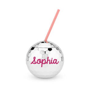 A disco ball tumbler that reads "Sophia" in pink script