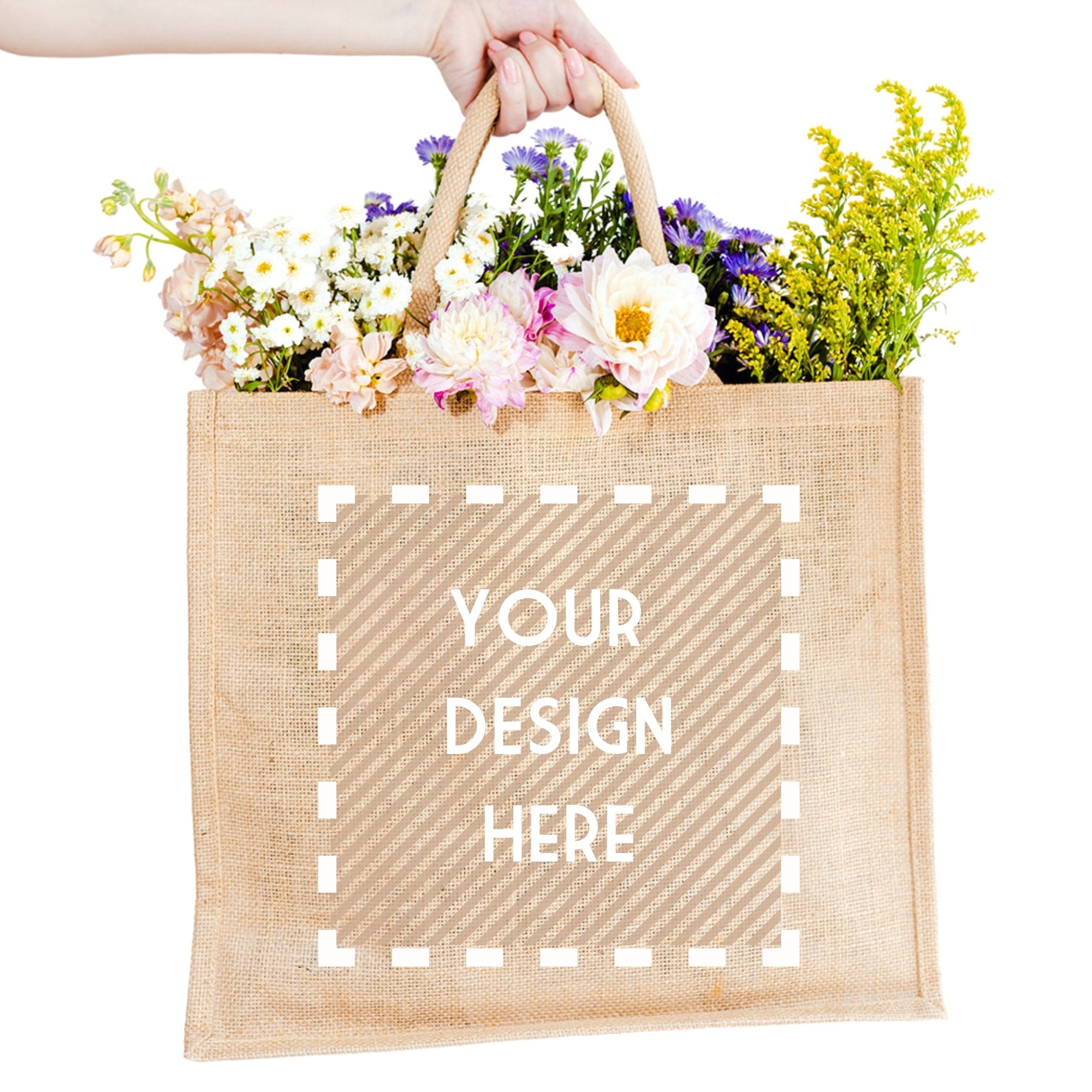 A jute carryall with a customizable area on the front