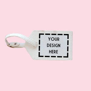 A white luggage tag with a customizable area on the front