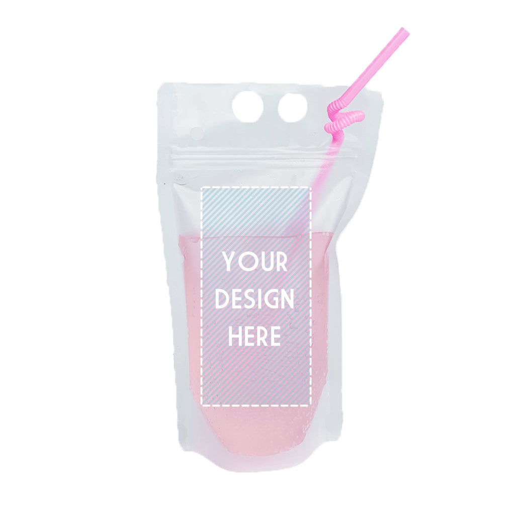 A clear, drink party pouch with a customizable area on the front
