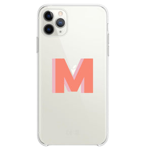 A  clear phone case is customized with a pink and melon initial