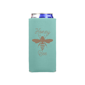 A can cooler with a customized Honey Bee logo on the front.