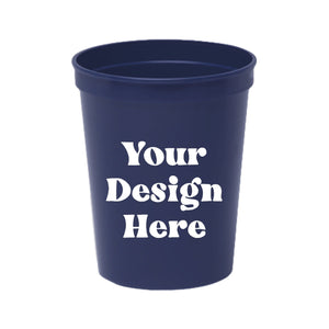 A navy blue stadium cup with a customizable area