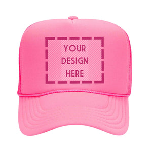 A pink trucker hat with a customizable area on the front