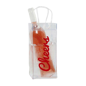 A clear wine bag is customized with a "Cheers" design on the front in red font.