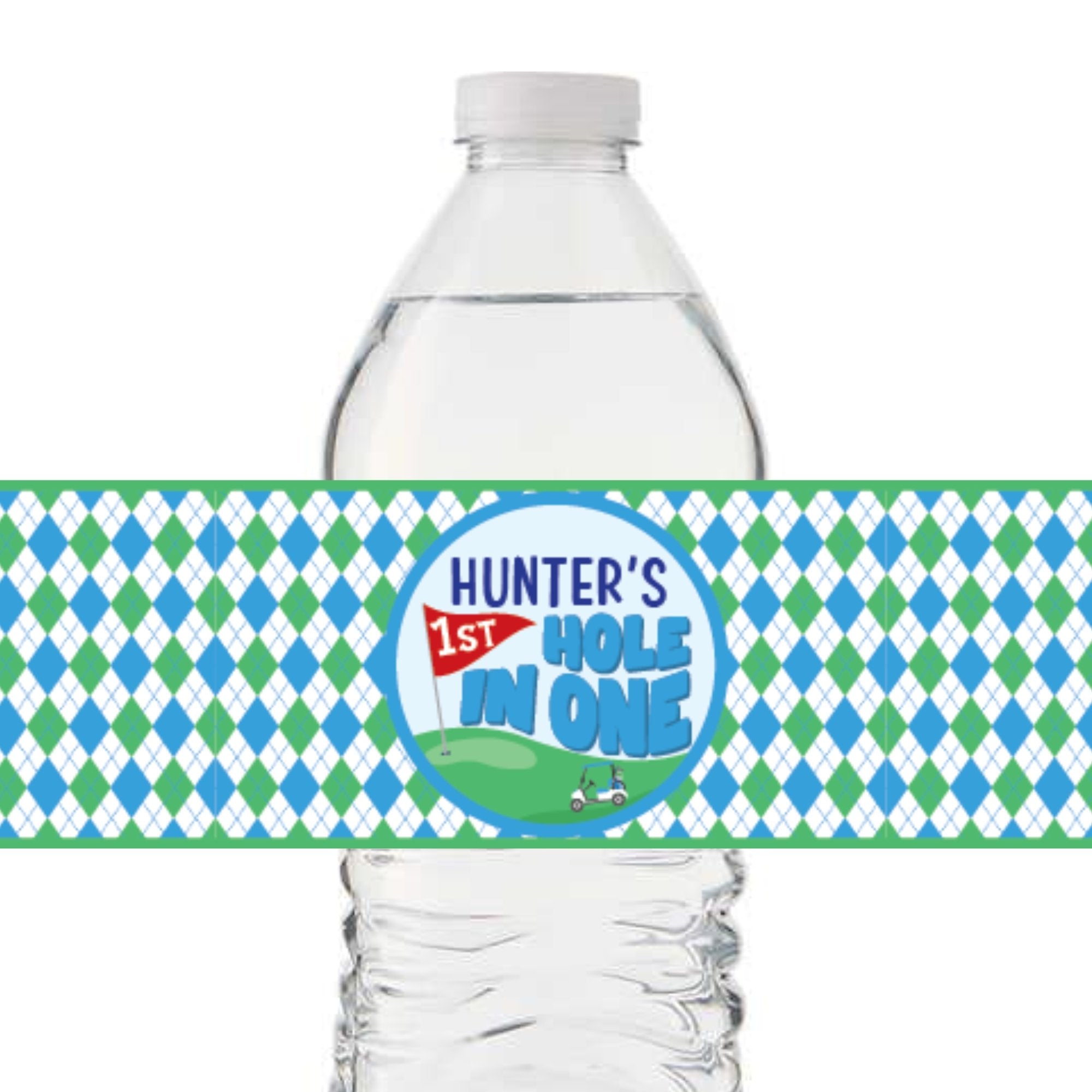 Custom Hole In One Water Bottle Label (Set of 10) - Blue - Sprinkled With Pink #bachelorette #custom #gifts