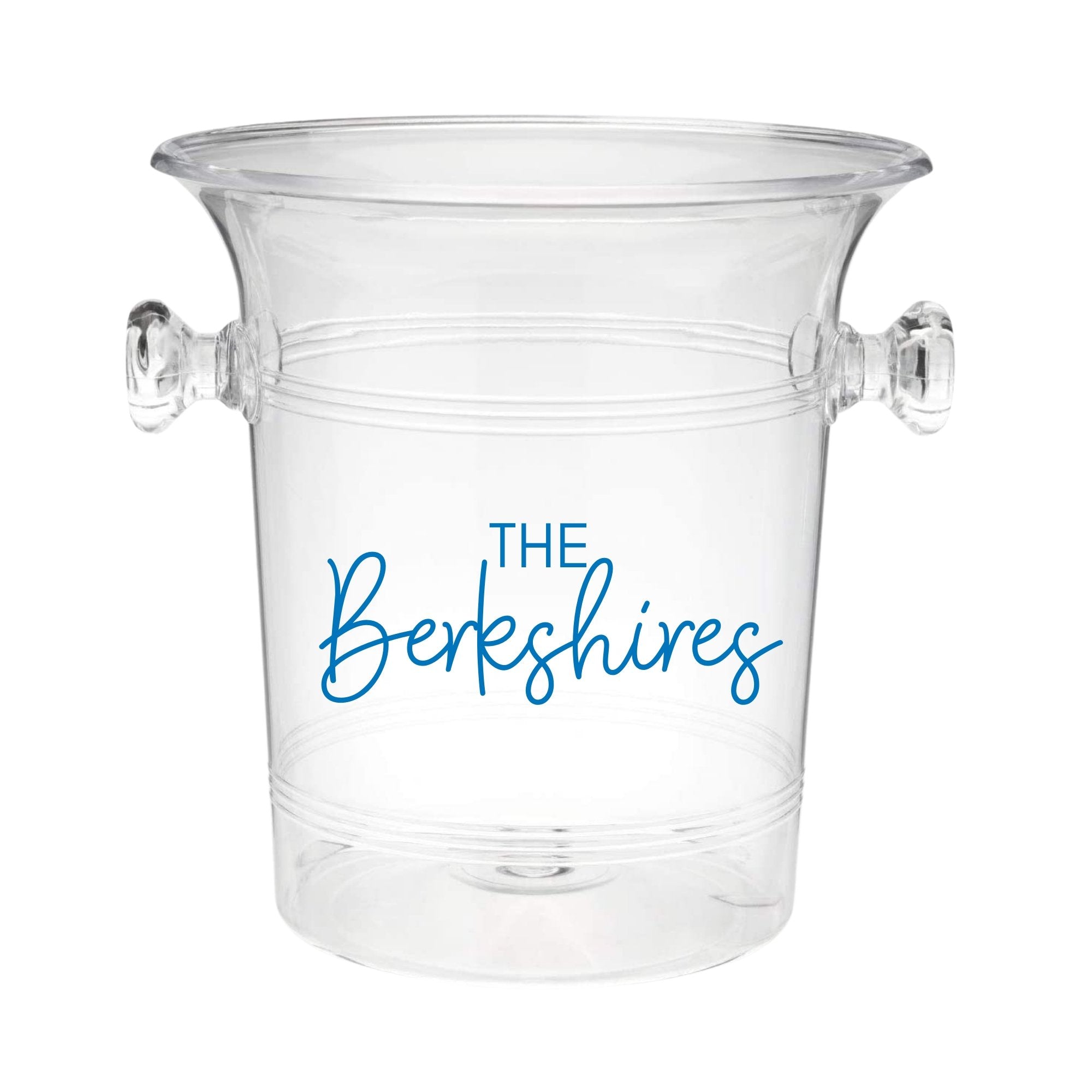 A clear ice bucket with "The Berkshires" on the front