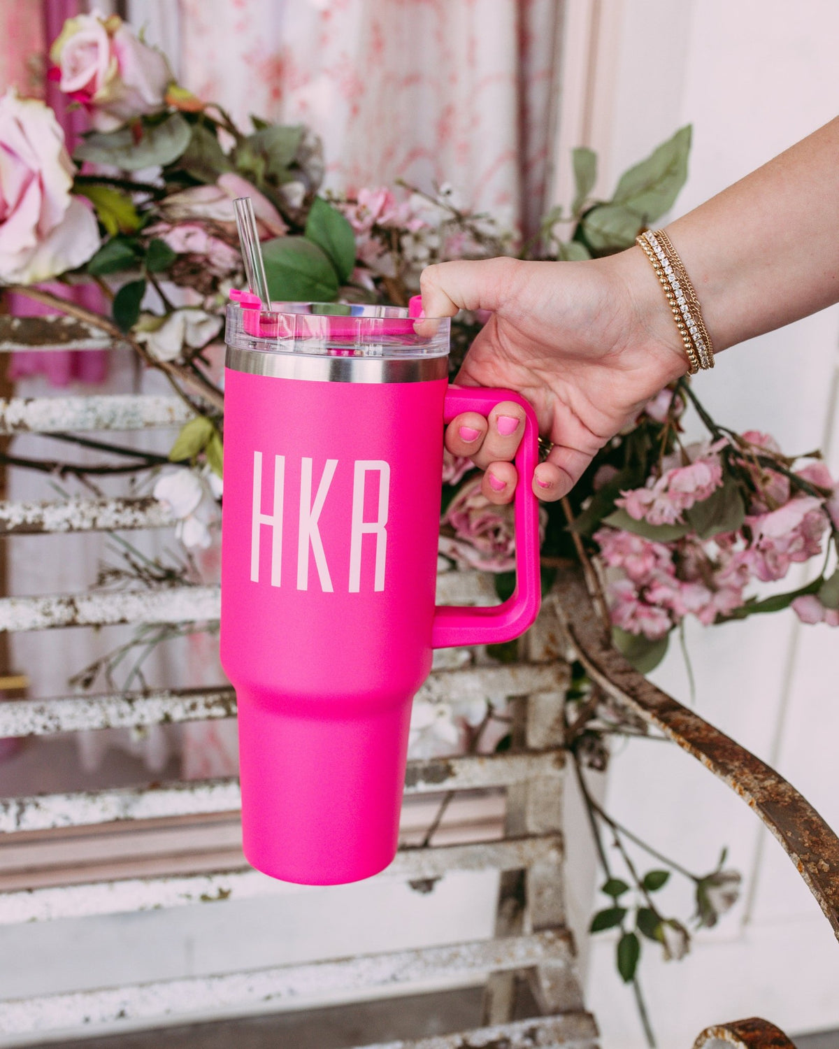 Large 40 oz Hot PINK Tumbler w/CUSTOMIZED Name. Iced Or Hot Drinks /Coffee  w/Lid