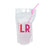 A party pouch with an "LR" monogrammed in pink