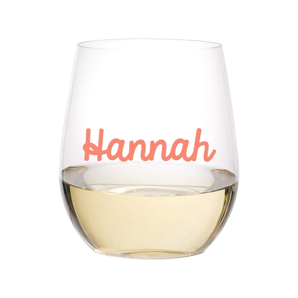 An acrylic wine glass reads 