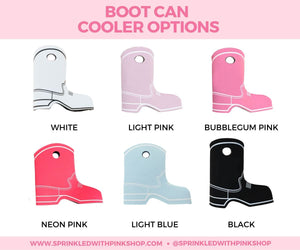 A chart shows different color options for our boot can coolers