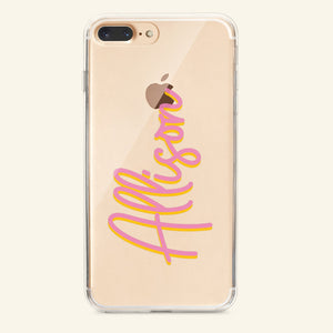 A clear phone case is customized with the name "Allison" in a melon and yellow script font.