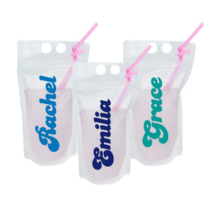 Three party pouches personalized with a retro font