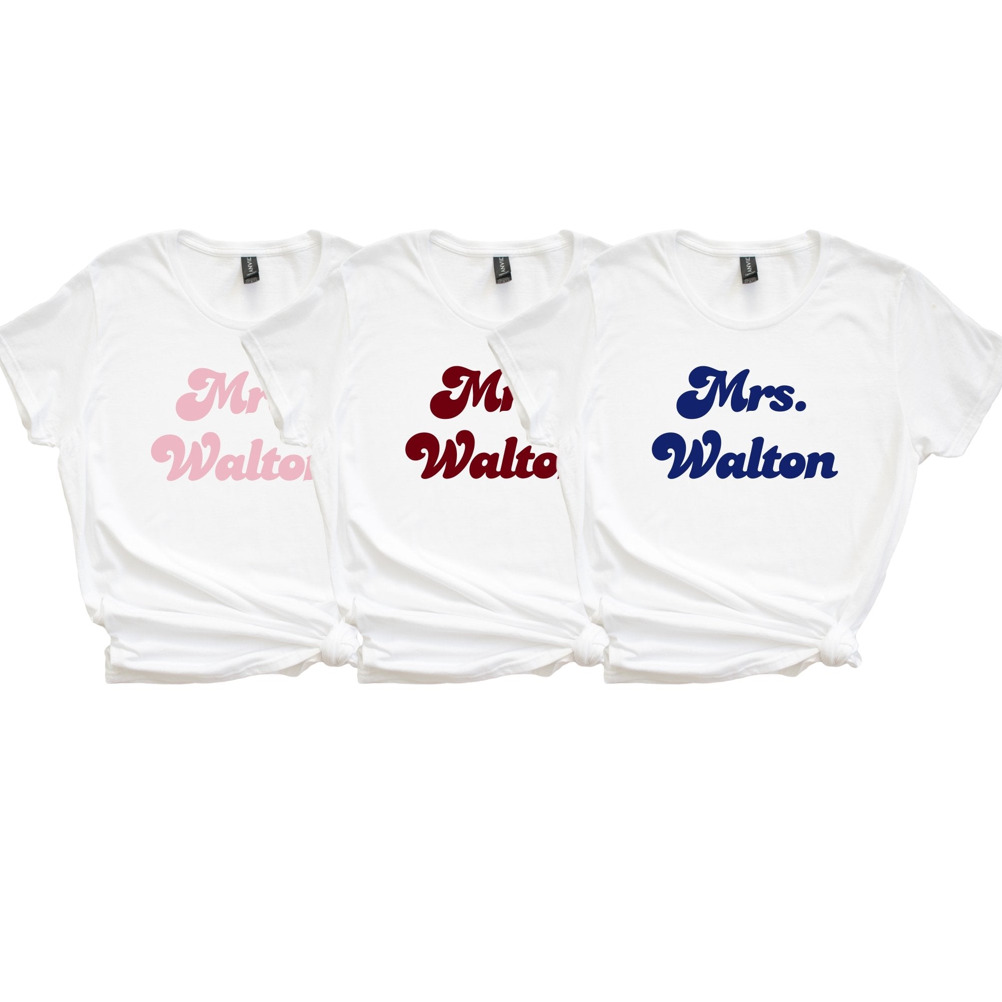 A white shirt is customized with "Mrs. Walton" in pink.