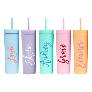 Five matte tumblers in orange, blue, green, pink, and purple customized with a cursive font