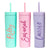 Three matte tumblers in green, pink, and purple customized with a cursive font