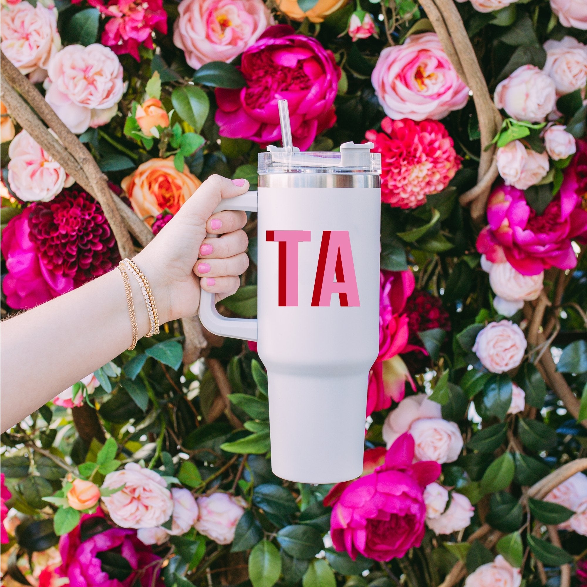 Monogrammed 40 oz Tumbler (Shadow) Sprinkled With Pink